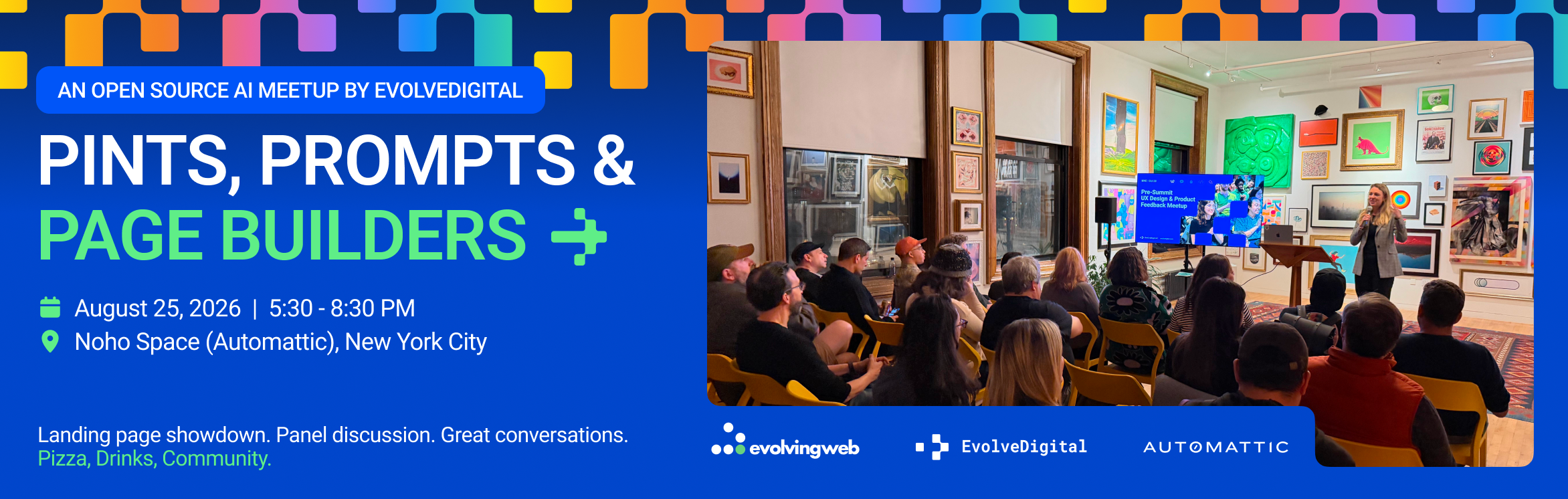 Pints, Prompts & Page Builders — an EvolveDigital meetup in New York City on August 25, 2026, hosted with evolvingweb and Automattic