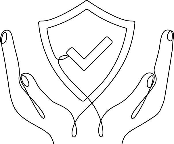 Single-line illustration of hands cupping a shield with a checkmark