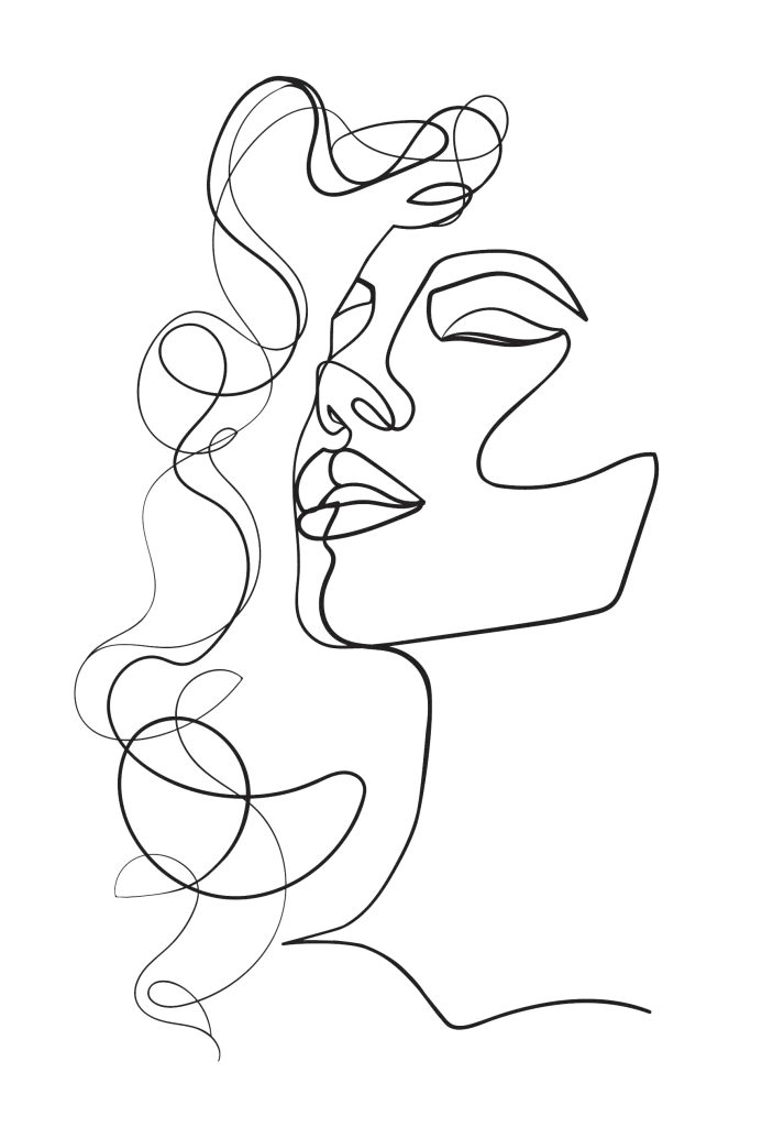 Single-line illustration of a woman’s face with flowing hair