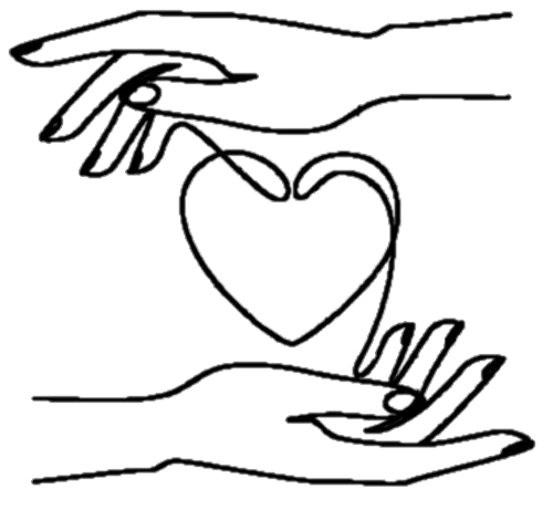 Single-line illustration of two hands cradling a heart