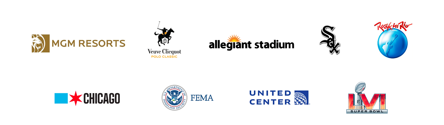 Past project clients: MGM Resorts, Veuve Clicquot Polo Classic, Allegiant Stadium, Chicago White Sox, Rock in Rio, City of Chicago, FEMA, United Center, and Super Bowl LVI