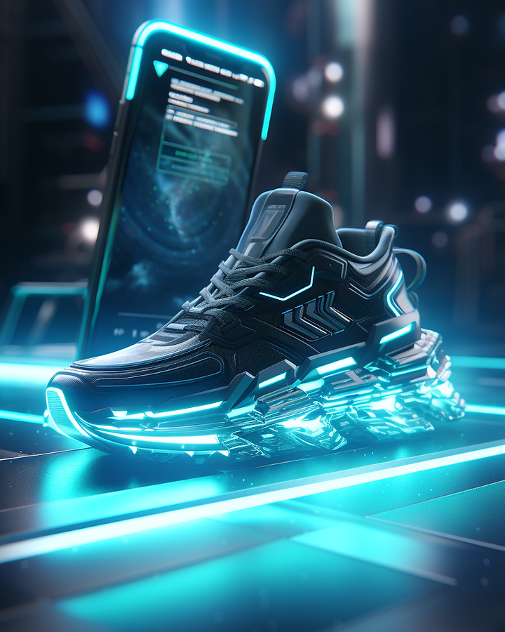 AI-generated futuristic running shoe with cyan neon lighting stepping out of a smartphone screen
