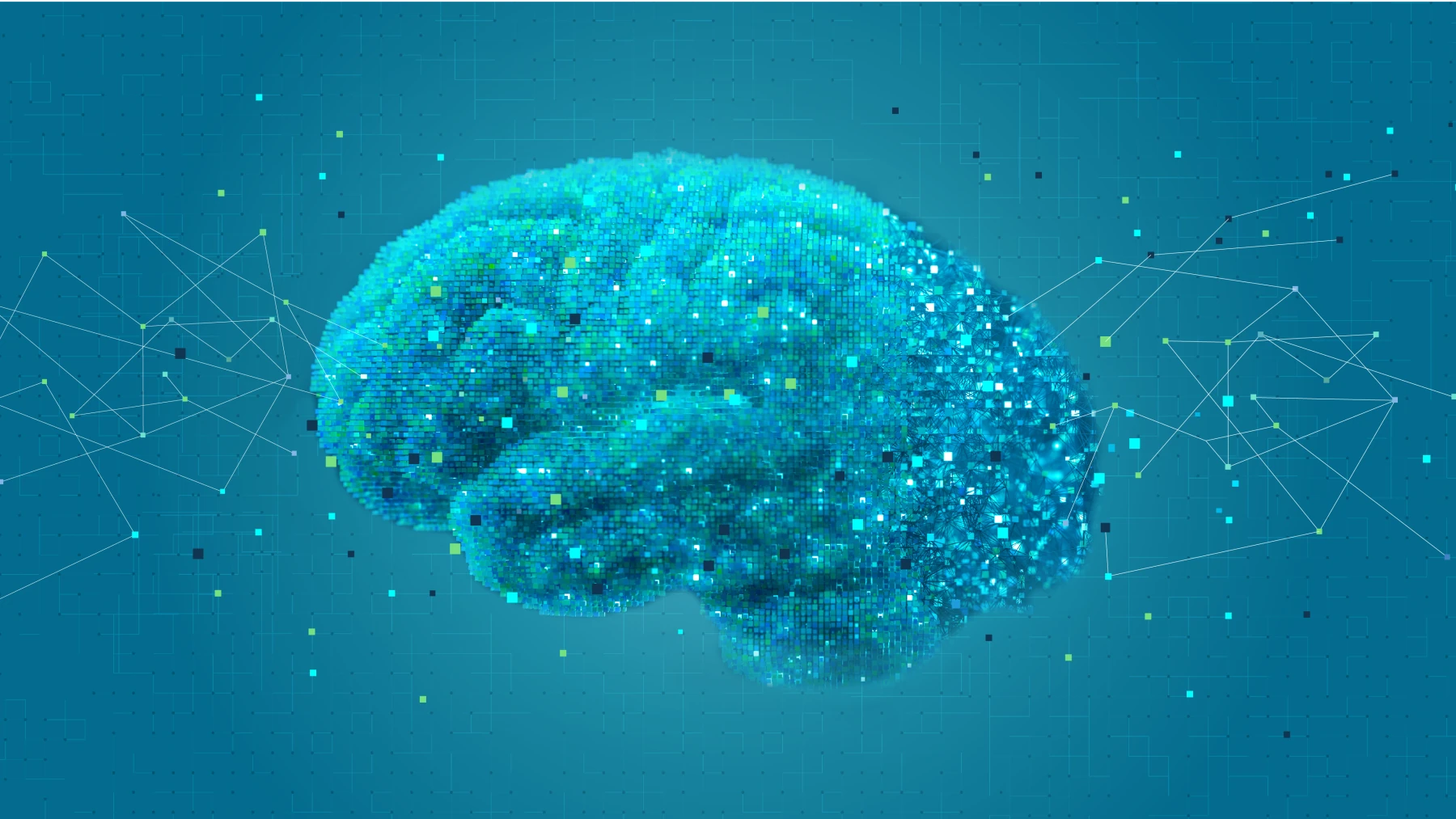 Digital brain illustration made of glowing pixel nodes on a teal background