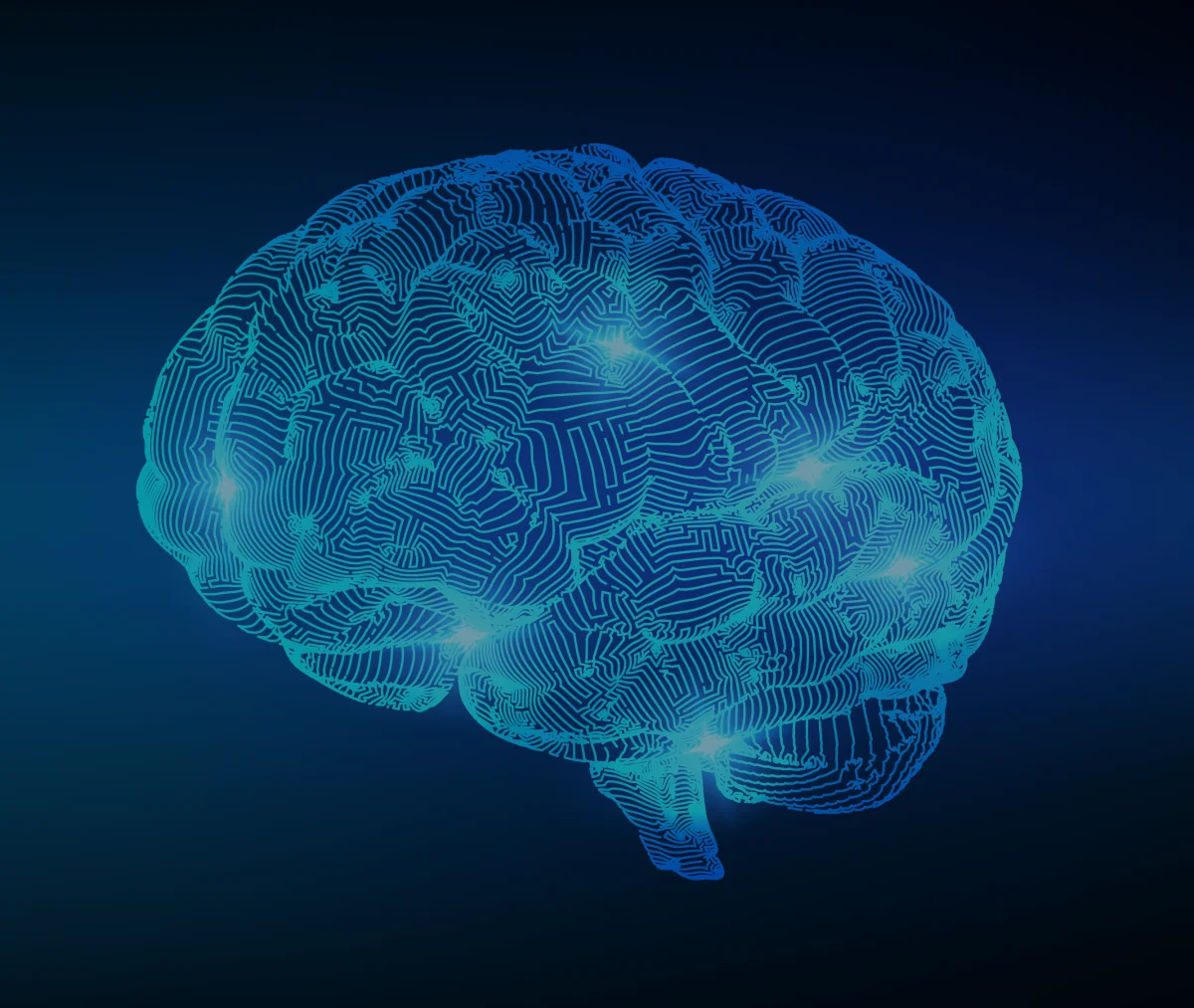Glowing blue circuit-board brain illustration on a dark navy background