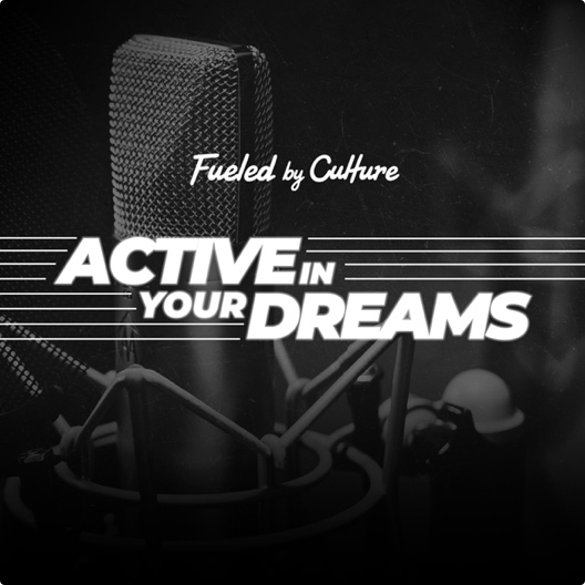 Active in Your Dreams podcast cover art with a studio microphone on a dark background