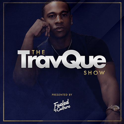 The TravQue Show cover art: man in a black t-shirt on a dark blue background