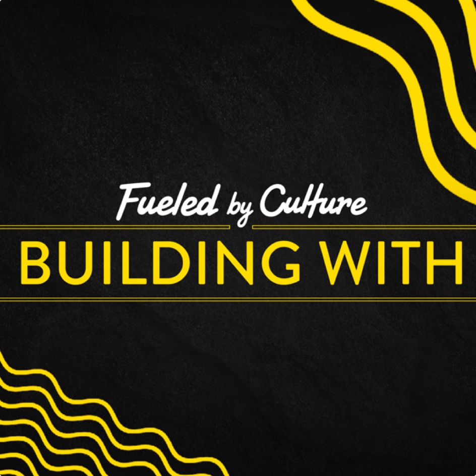 Building With podcast cover art on a black textured background with yellow wave accents