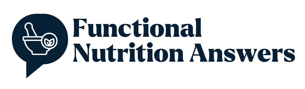Functional Nutrition Answers logo: a navy speech bubble containing a mortar and pestle beside the wordmark