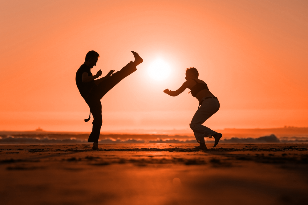 Two martial artists sparring in silhouette against a vivid orange sunset