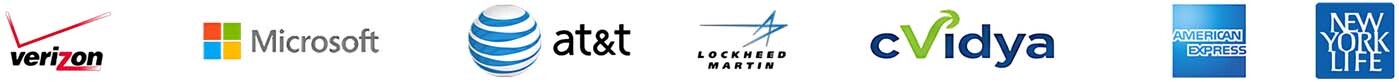 Client logos: Verizon, Microsoft, AT&T, Lockheed Martin, cVidya, American Express, New York Life