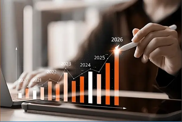 A stylus pointing at a rising orange bar chart showing growth from 2020 to 2026