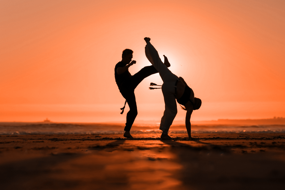 Two martial artists sparring in silhouette against an orange sunset on a beach