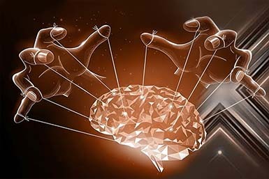 Digital artwork of hands guiding strings attached to a glowing geometric brain