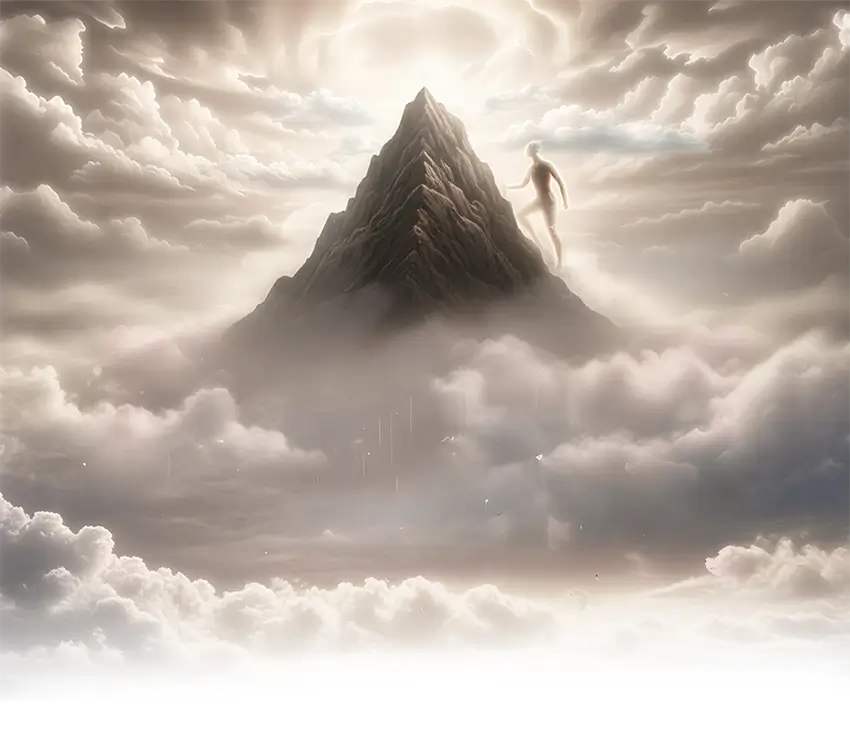 A glowing figure ascending a lone mountain peak rising above the clouds