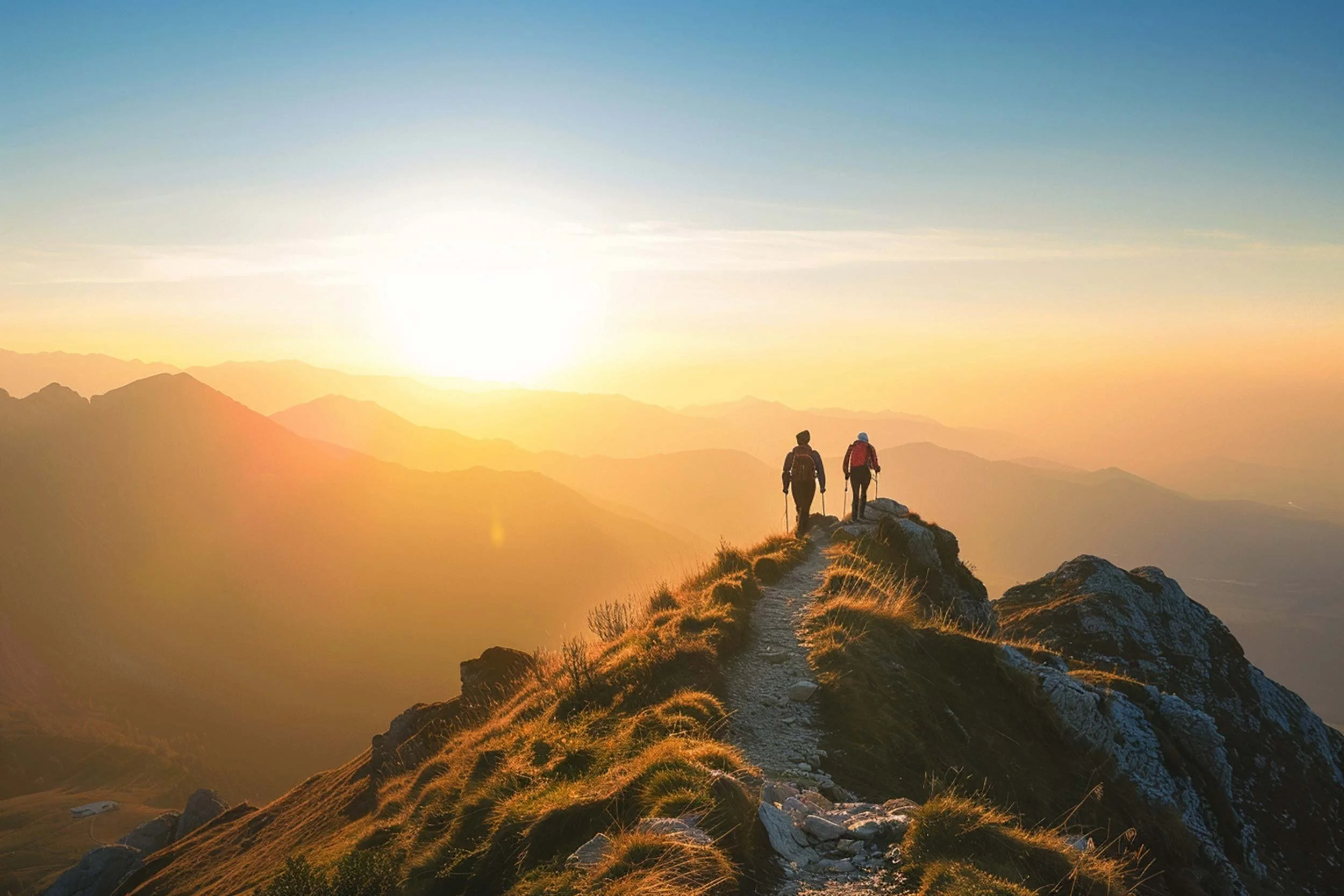Two hikers with trekking poles standing on a mountain ridge at sunrise, layered mountains in the background