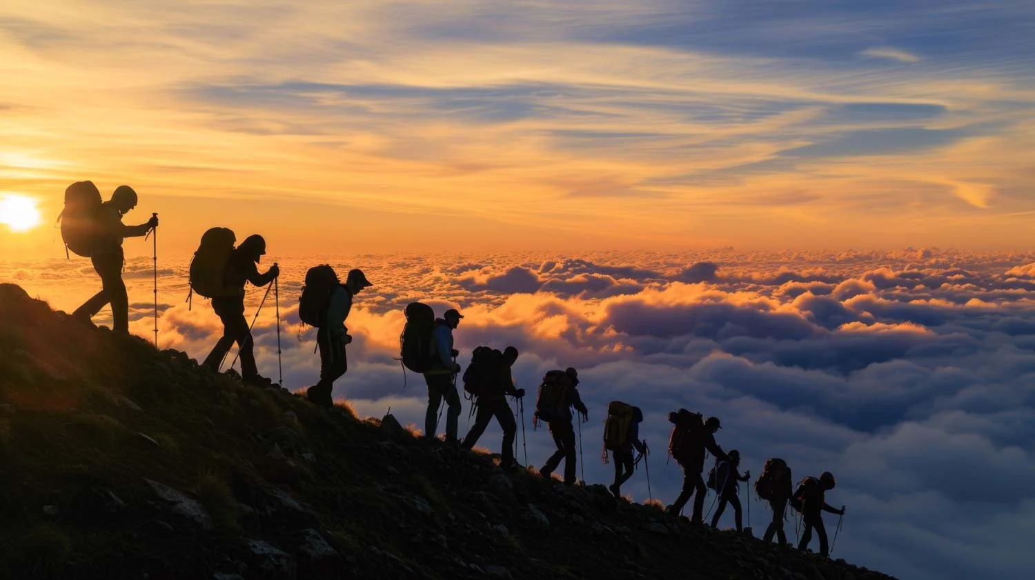 Silhouette of a line of hikers ascending a mountain slope above the clouds at sunset