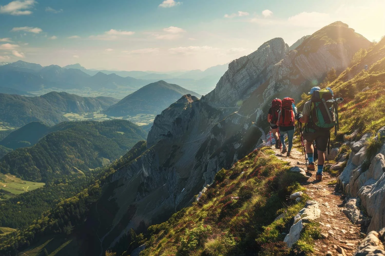Group of hikers trekking along a sunny alpine ridgeline