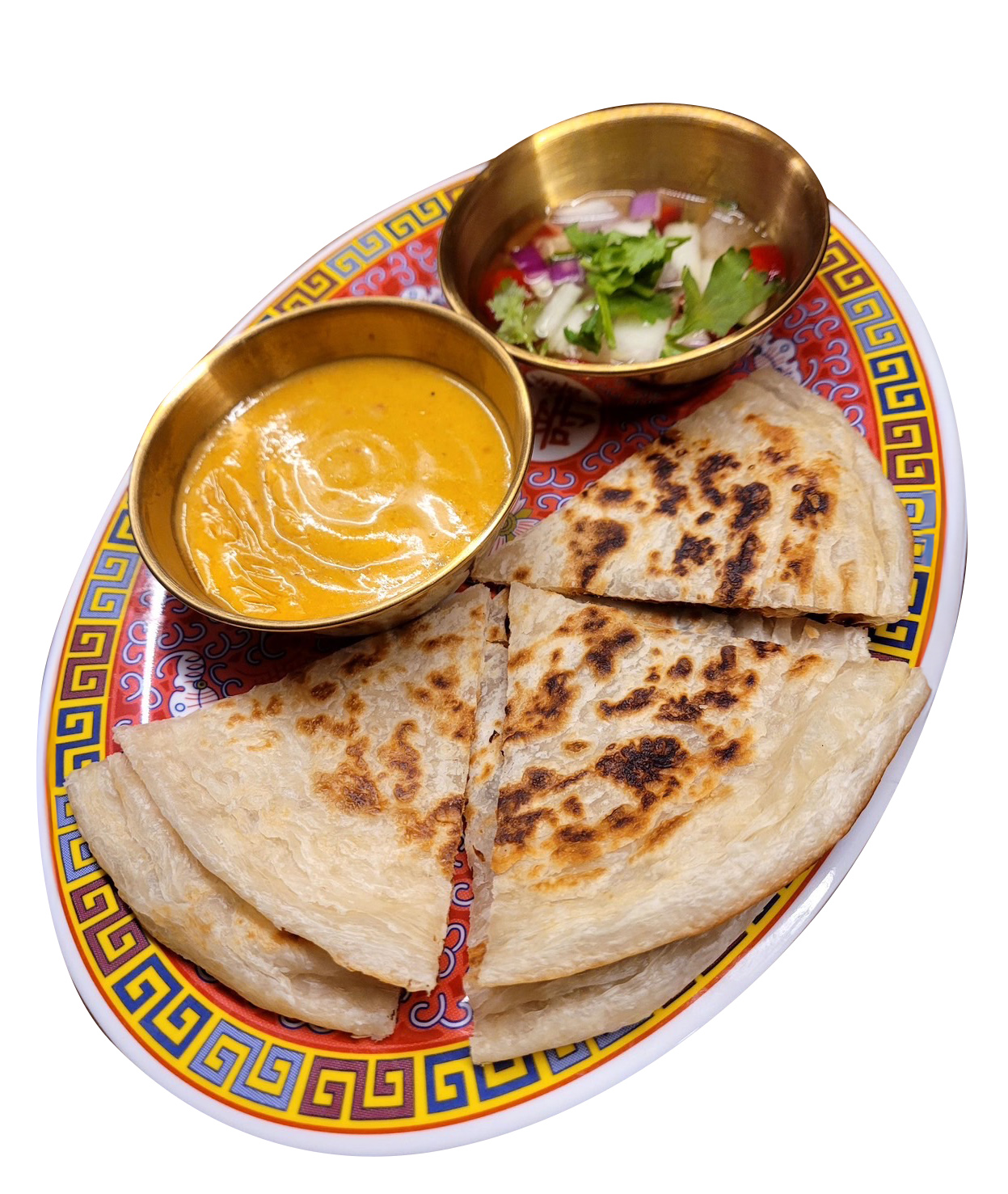 Roti flatbread with curry dipping sauce on a red-and-gold Thai plate