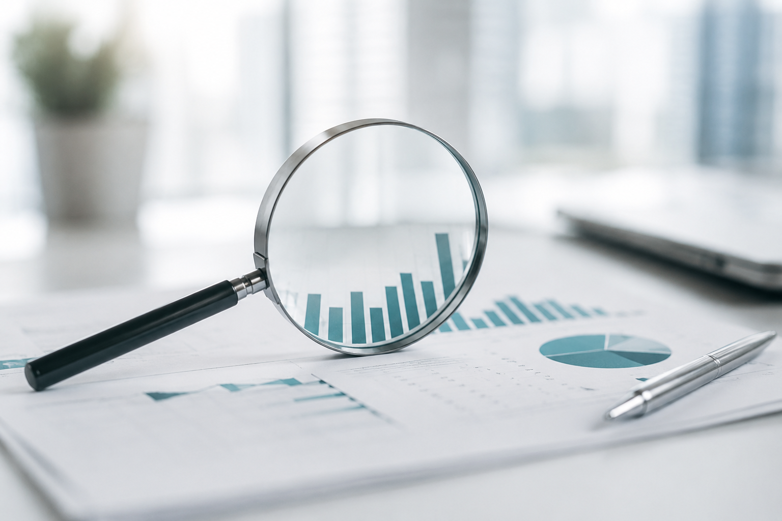 Magnifying glass over bar charts and pie-chart documents on a desk