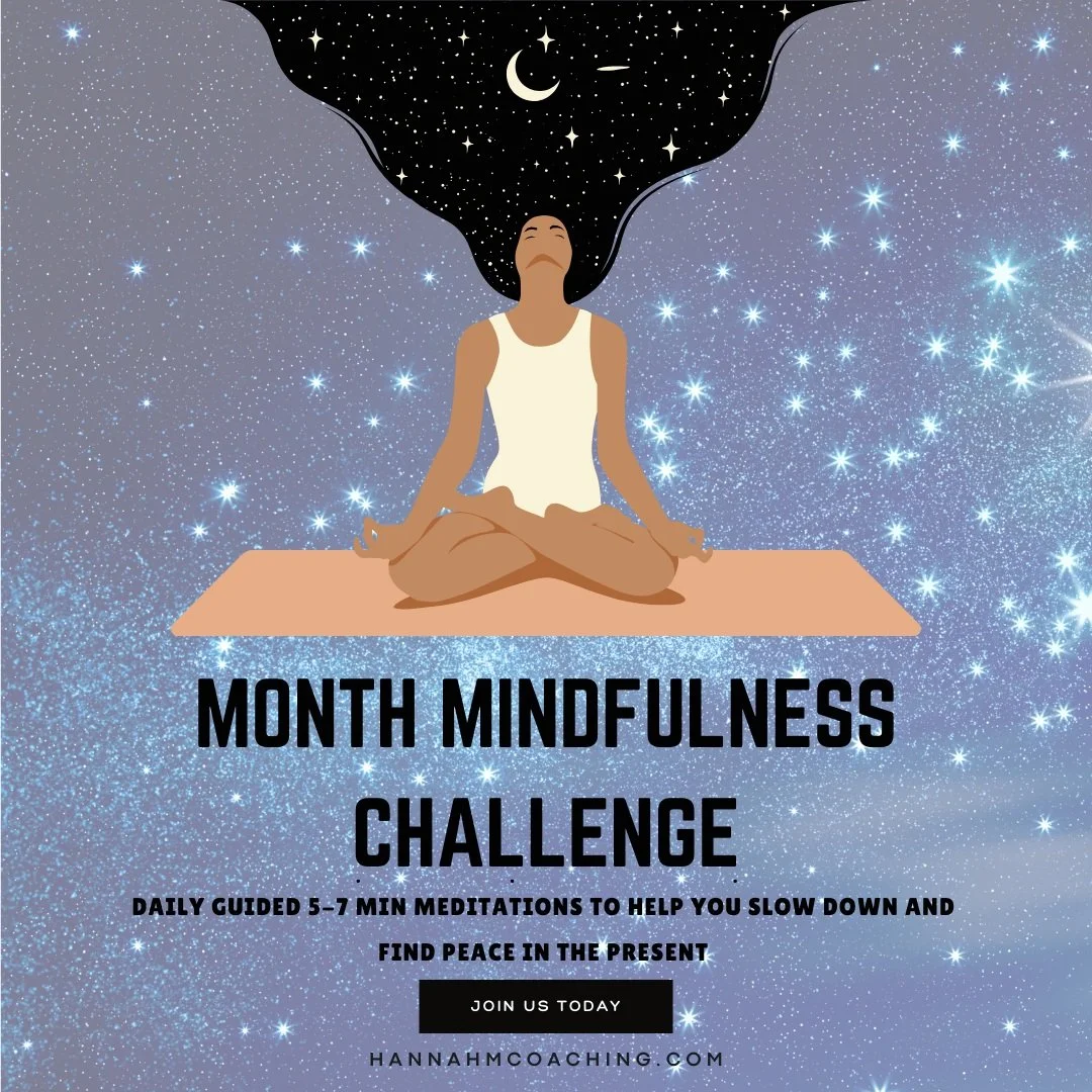 Month Mindfulness Challenge graphic — an illustrated meditating woman with starry cosmic hair on a purple galaxy background.