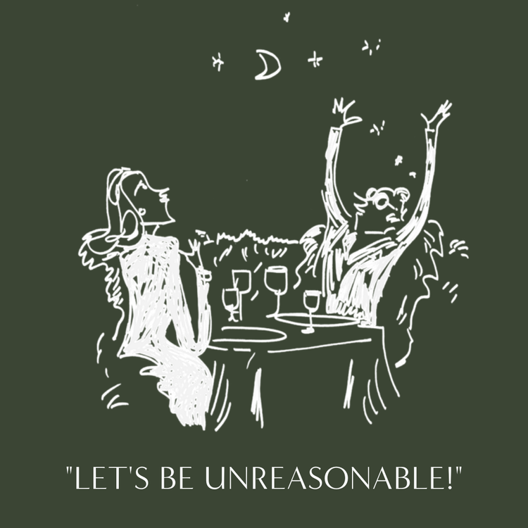 Line-art of two figures raising a celebratory toast at a candlelit table under a crescent moon — House of Talana brand illustration.