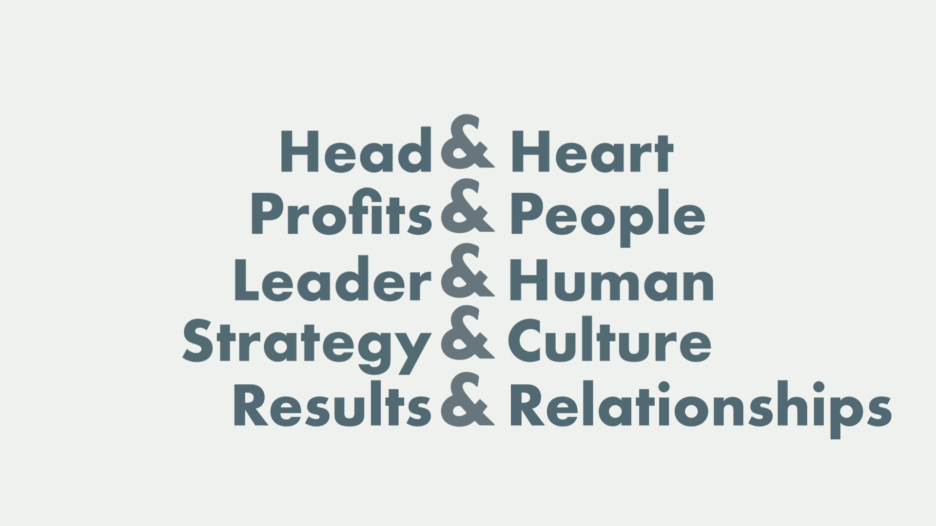 Paired concepts: Head & Heart, Profits & People, Leader & Human, Strategy & Culture, Results & Relationships
