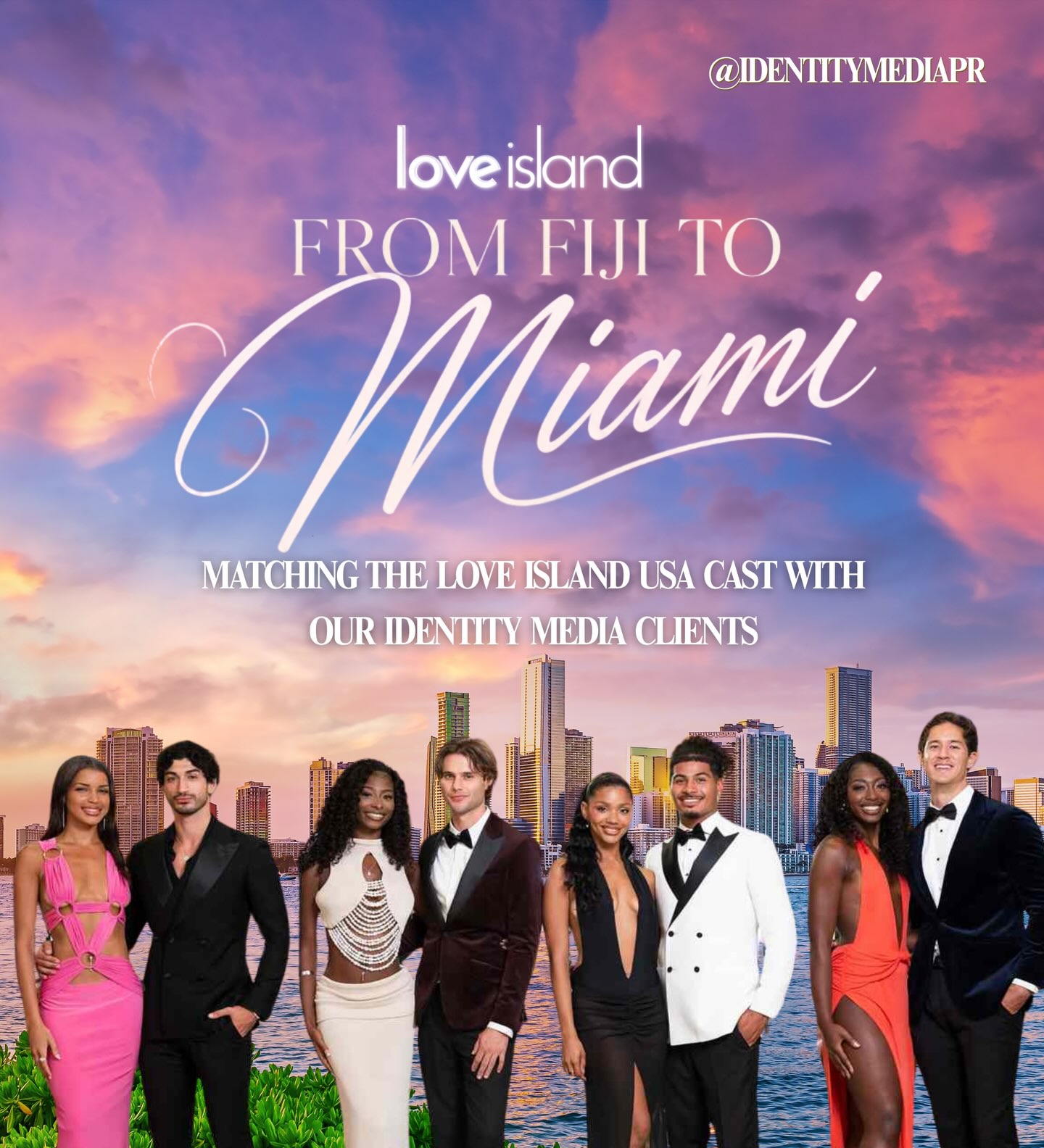 Love Island USA From Fiji to Miami promotional graphic with the Miami skyline