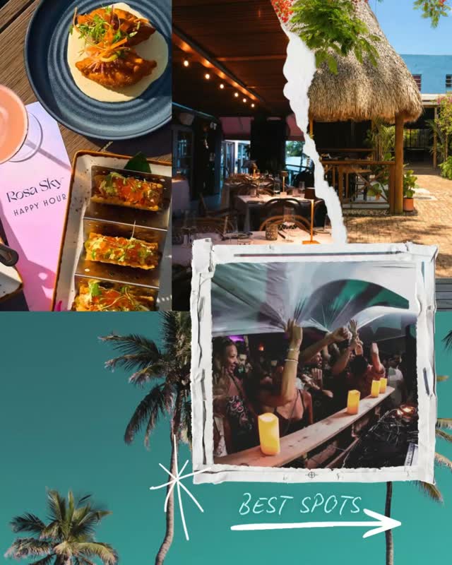 Collage of Rosa Sky happy hour food, tiki bar and nightlife with Best Spots text