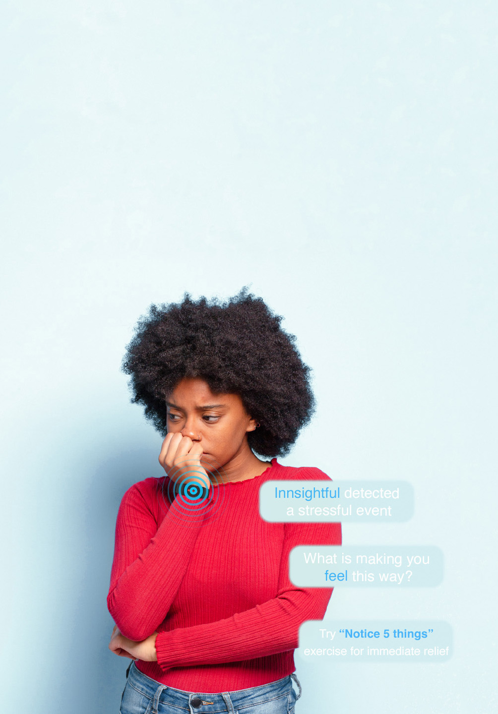 A woman receiving a real-time stress-detection prompt from the Innsightful app