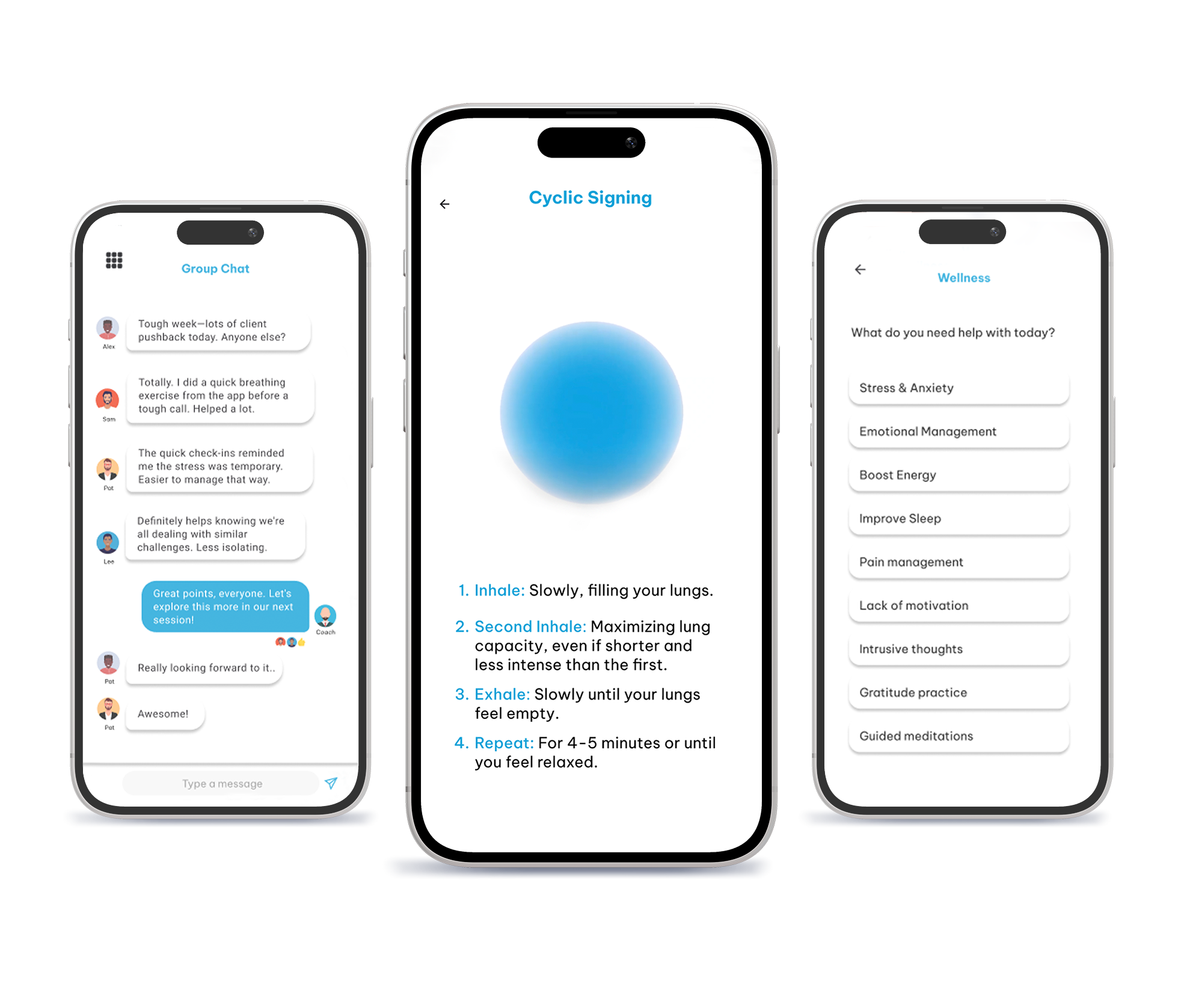 Three Innsightful app screens: group chat, a cyclic breathing exercise, and a wellness menu
