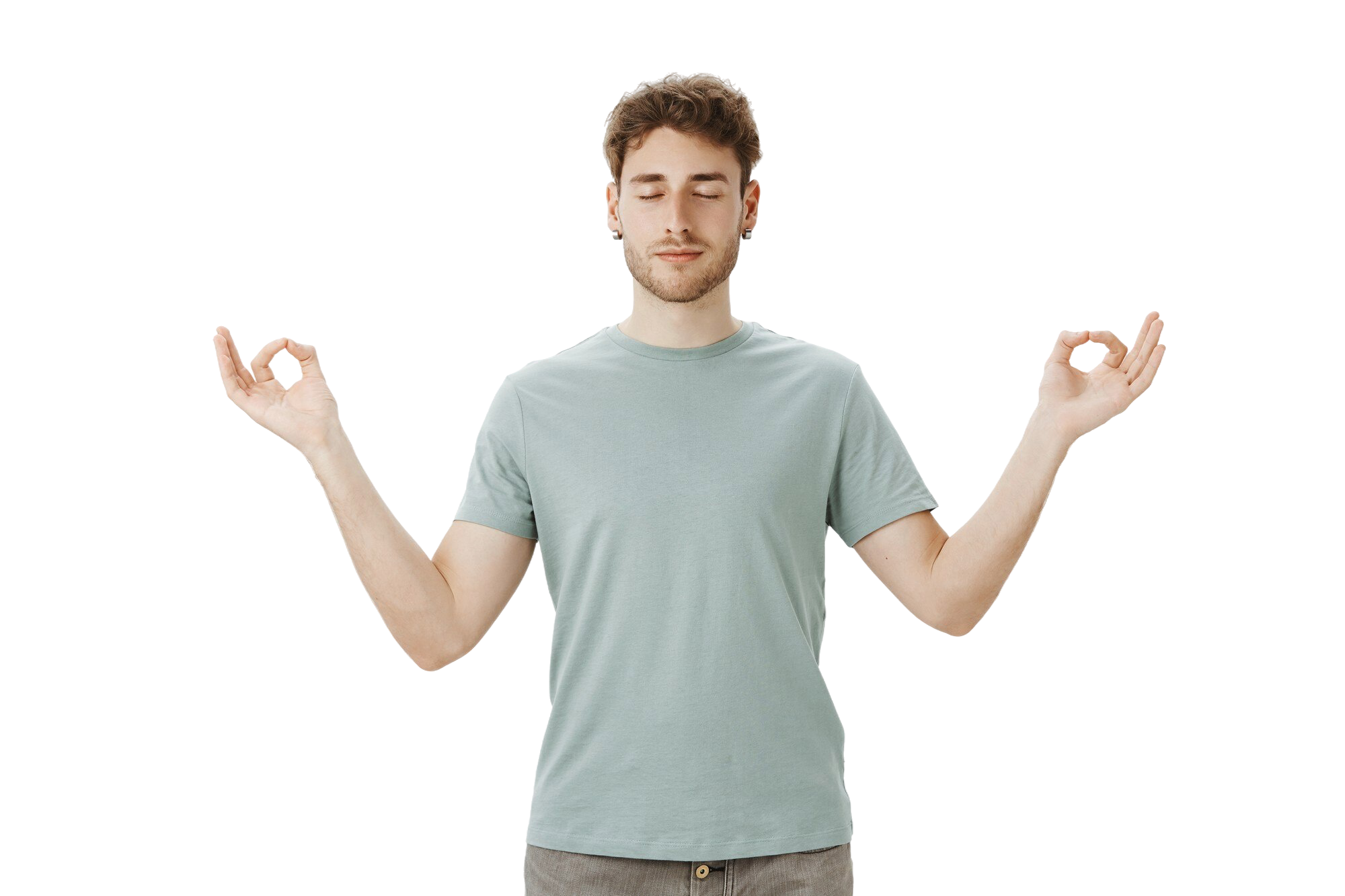 A man in a mint t-shirt with eyes closed and arms out in a relaxed zen pose