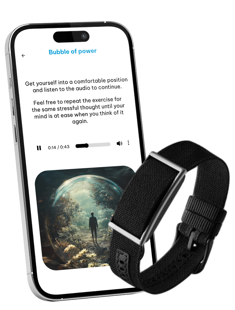 Innsightful app 'Bubble of power' guided audio screen with a wearable stress bracelet