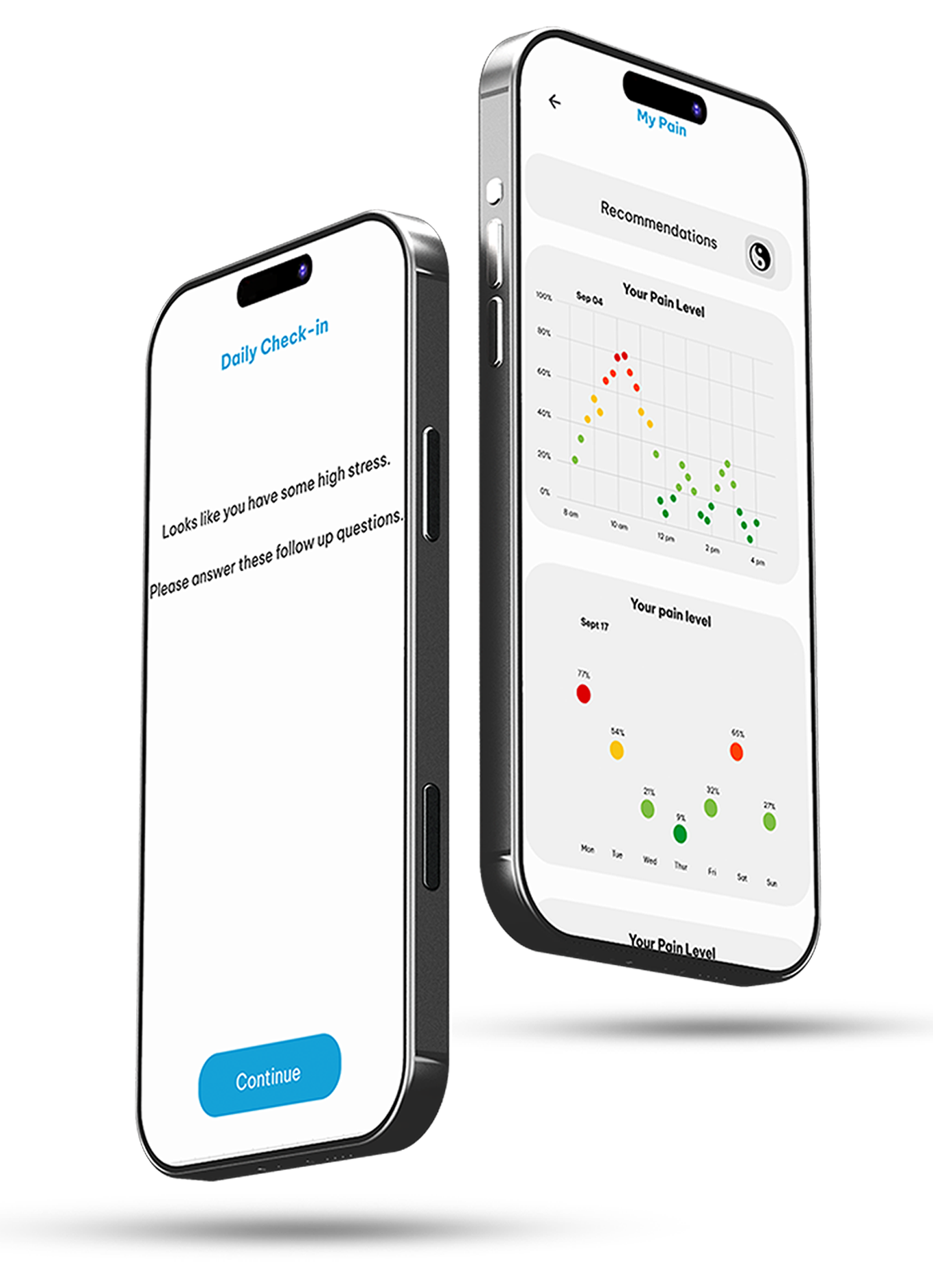 Two Innsightful app screens: a daily check-in stress alert and pain-level tracking charts