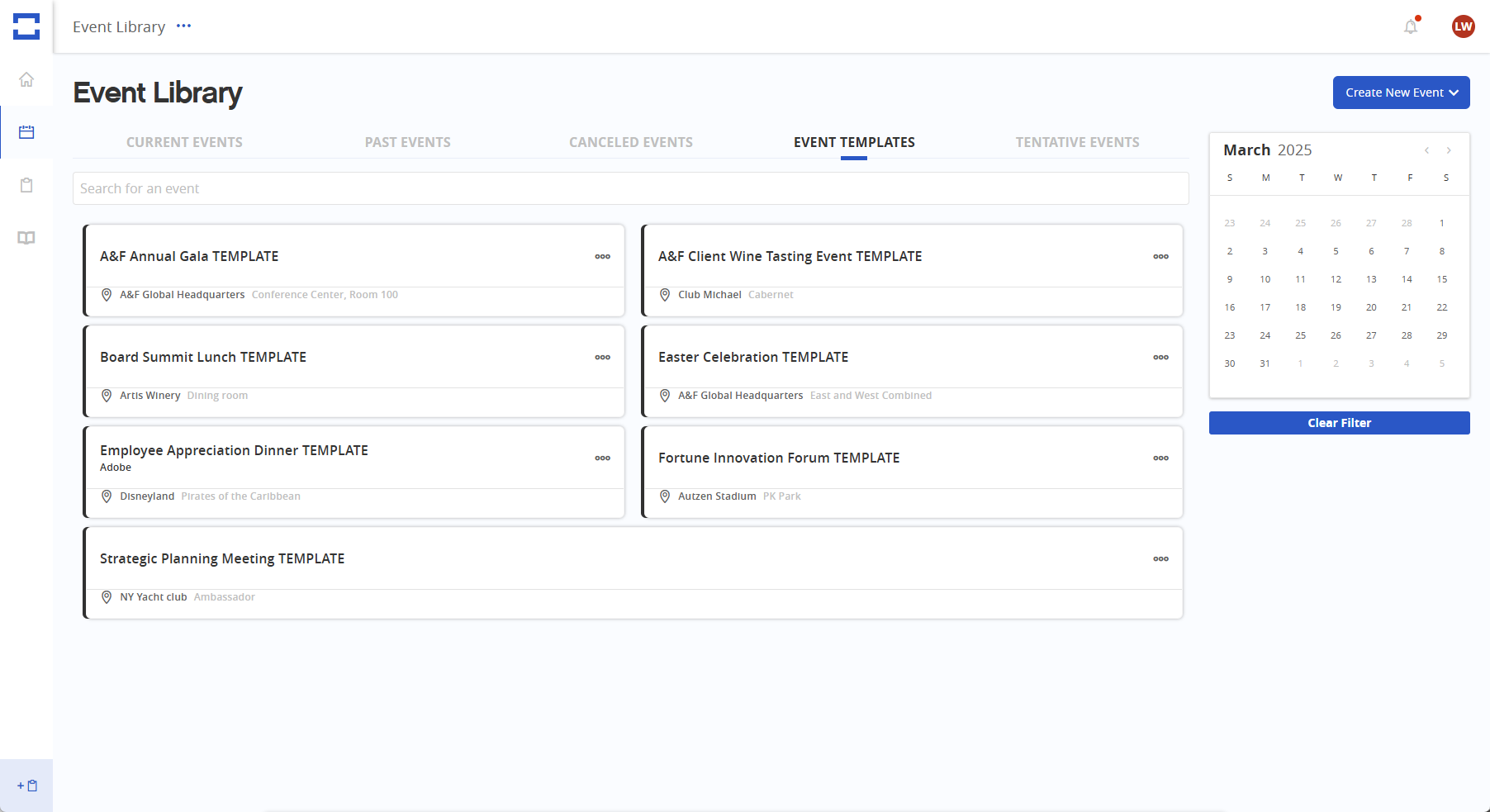 Intrevent Event Library and Event Templates screen with a calendar sidebar