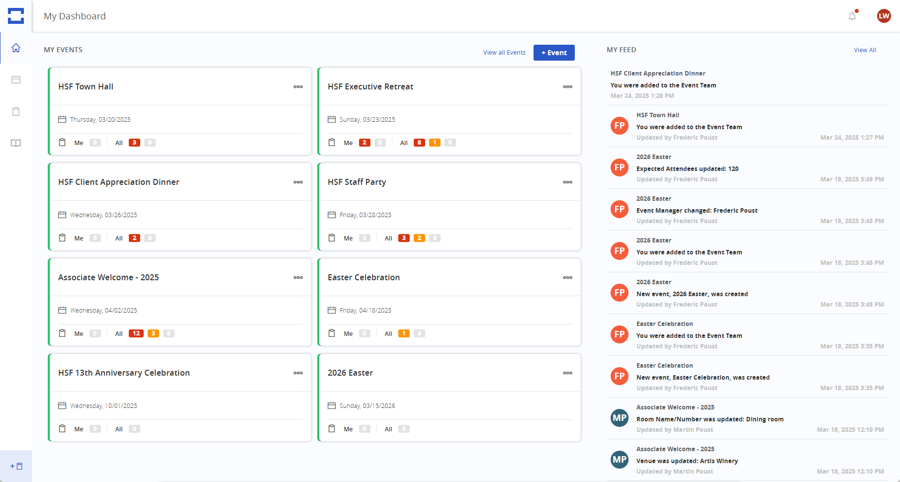 Intrevent My Dashboard screen showing event cards and an activity feed