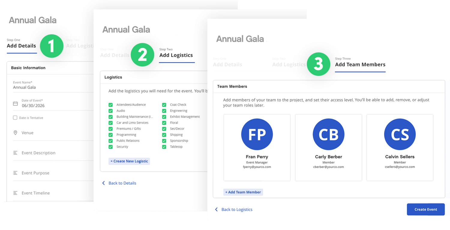 Intrevent three-step event creation wizard for Annual Gala: Add Details, Add Logistics and Add Team Members