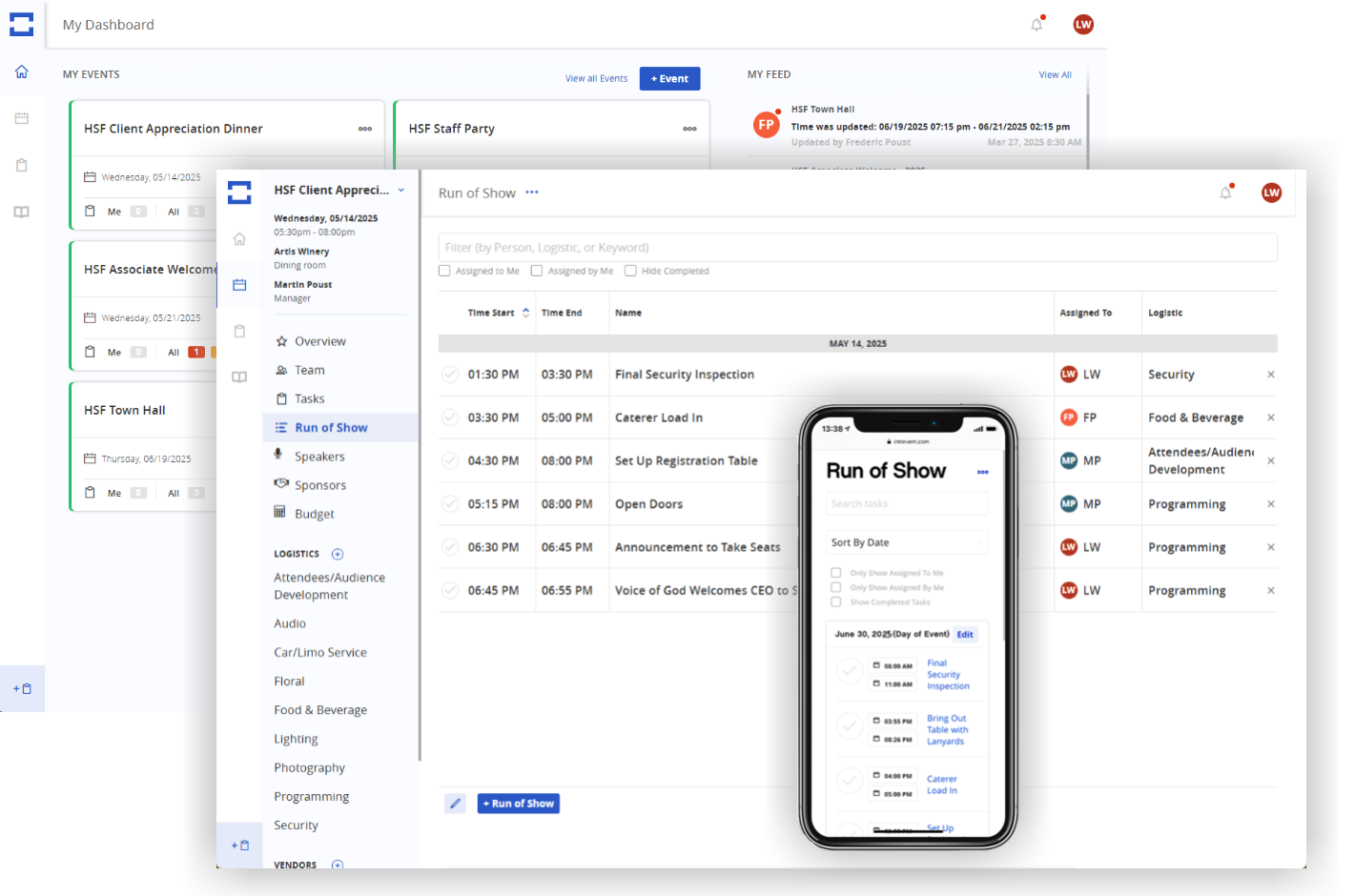 Intrevent Run of Show on desktop with a phone mockup of the same Run of Show screen