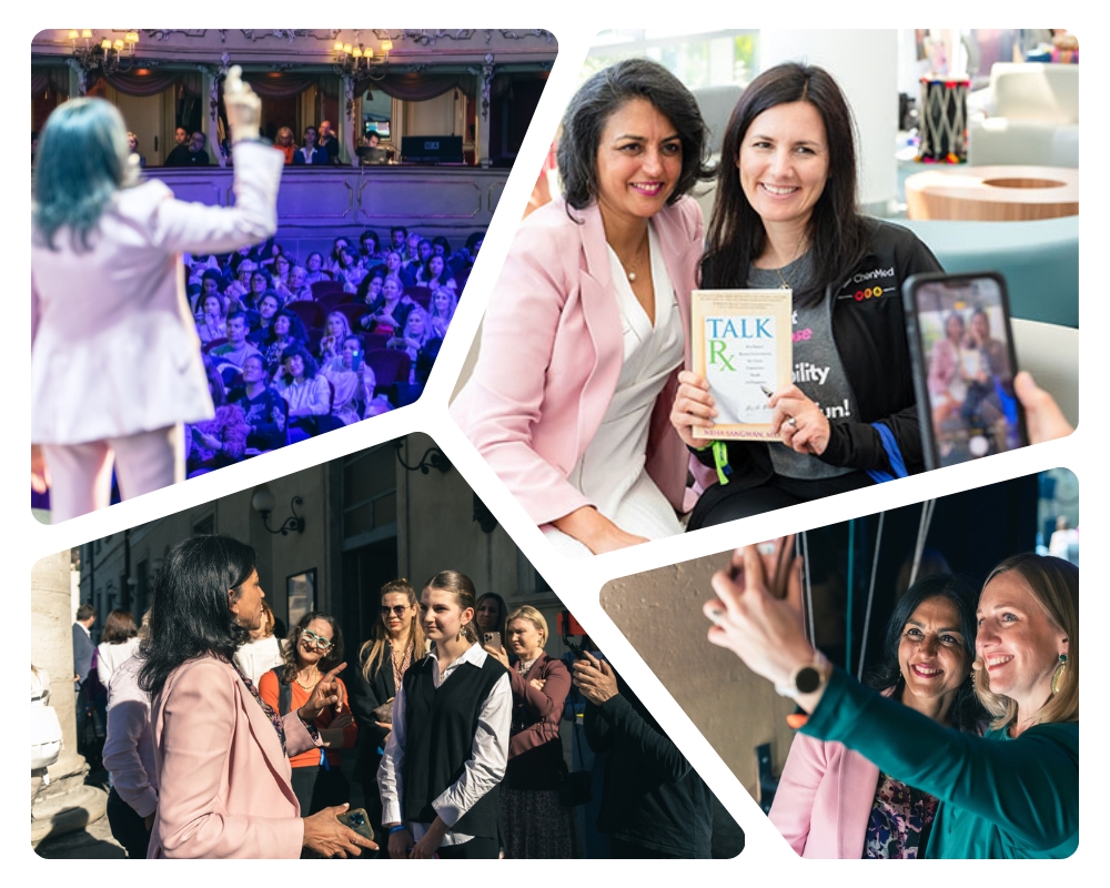 Collage of Dr. Neha Sangwan speaking, meeting attendees, and fans holding her book