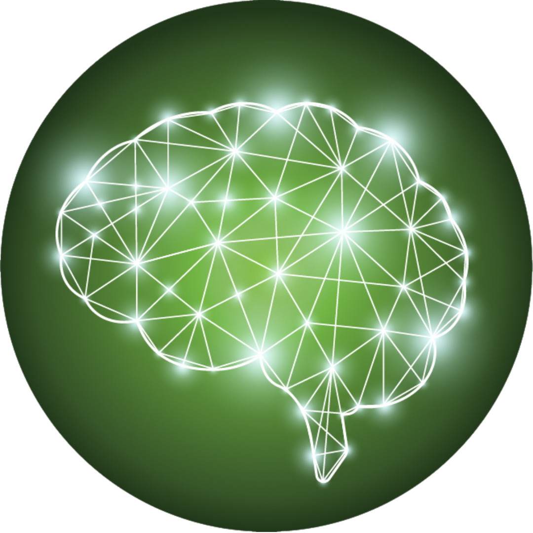 Glowing wire-frame brain illustration on green