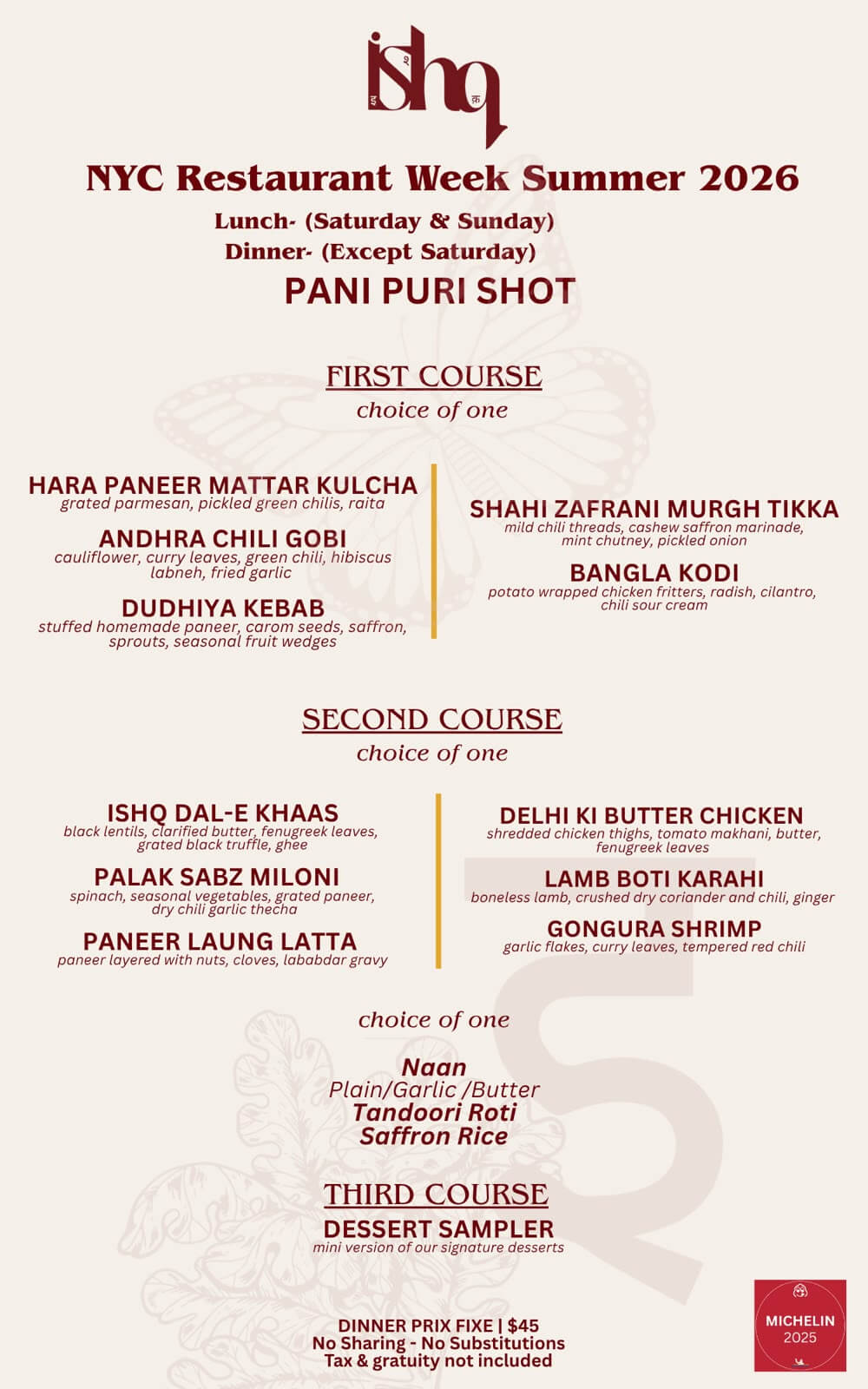 NYC Restaurant Week Summer 2026 menu at Ishq — lunch Saturday and Sunday, dinner except Saturday, with first and second course selections