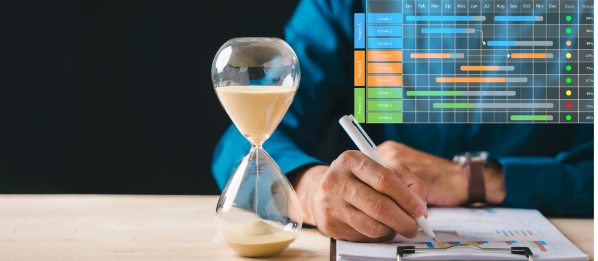Hourglass on a desk with a project timeline overlay