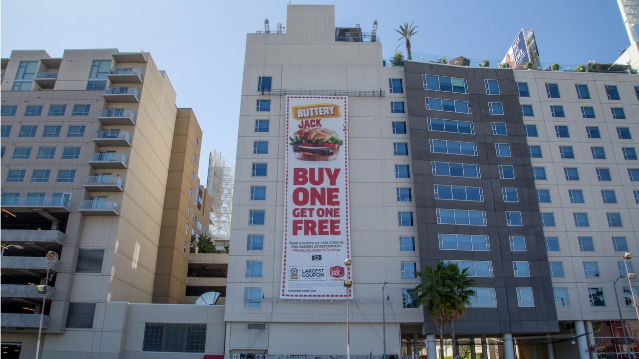Jack in the Box world's largest coupon banner hung on a building exterior