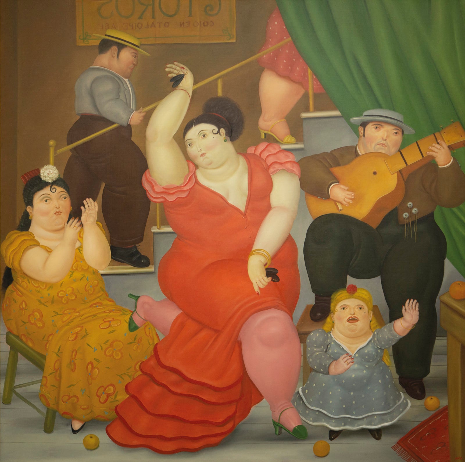 Fernando Botero's painting Tablao Flamenco — voluptuous figures dancing and playing guitar in warm reds and ochres