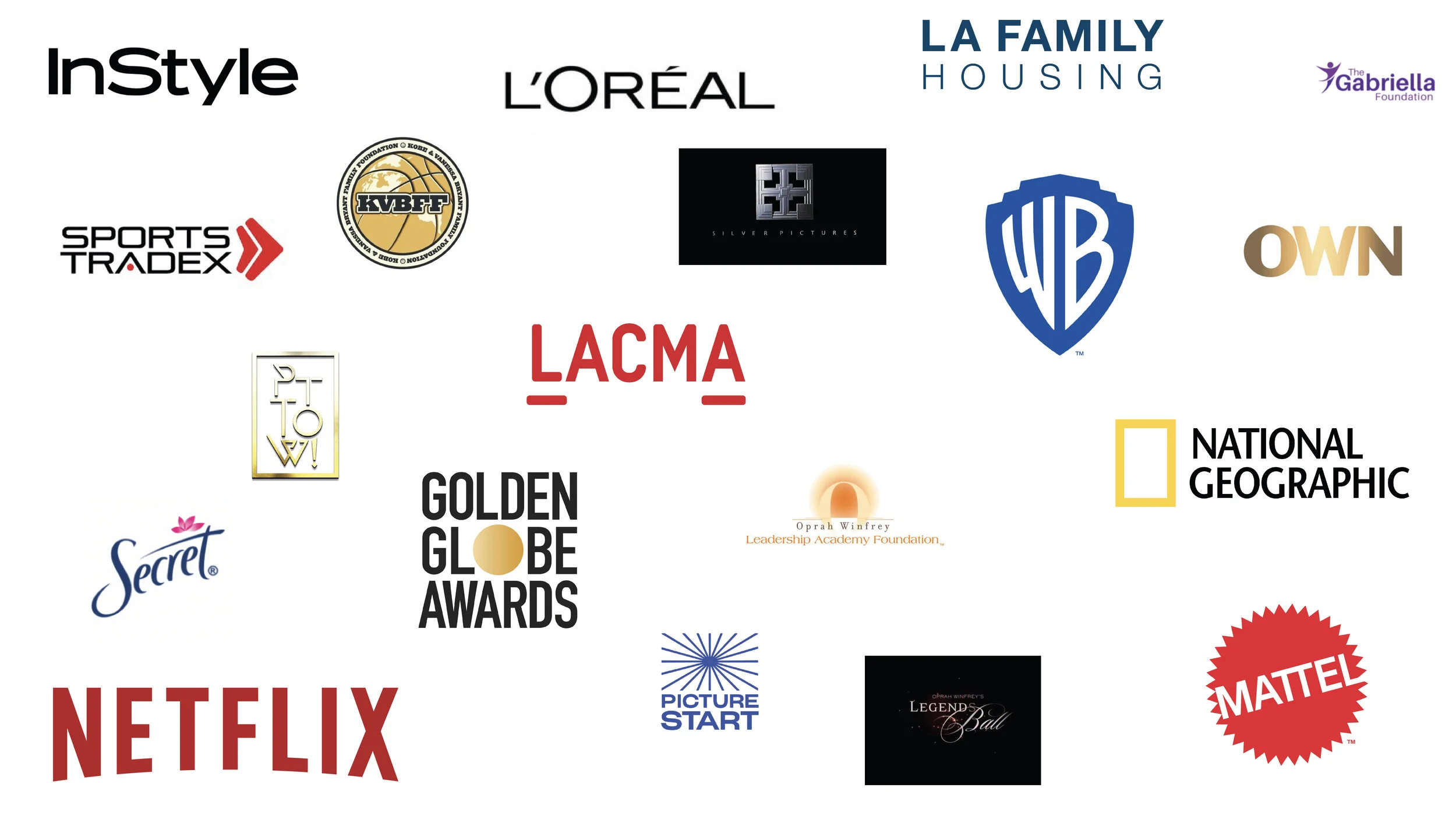 Client logo collage: InStyle, L'Oréal, LA Family Housing, The Gabriella Foundation, Sports Tradex, KVBFF, Silver Pictures, Warner Bros, OWN, LACMA, PTOW, Golden Globe Awards, Oprah Winfrey Leadership Academy Foundation, National Geographic, Secret, Netflix, Picture Start, Oprah's Legends Ball and Mattel