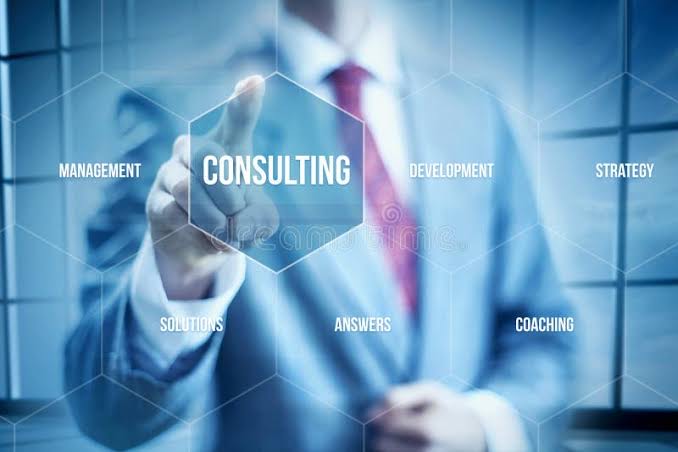 Businessman pointing at a digital consulting interface