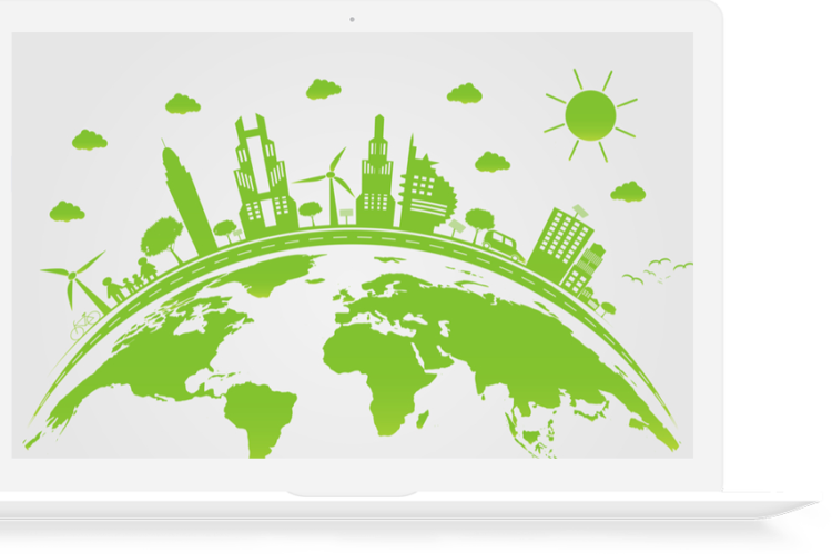 Laptop displaying an illustrated green eco-city on a globe