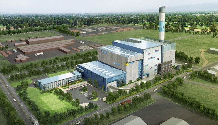 Aerial rendering of a waste-to-energy facility surrounded by greenery