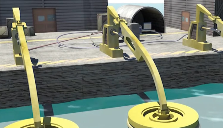 3D render of an Oscillo Drive wave energy generation mechanism over water