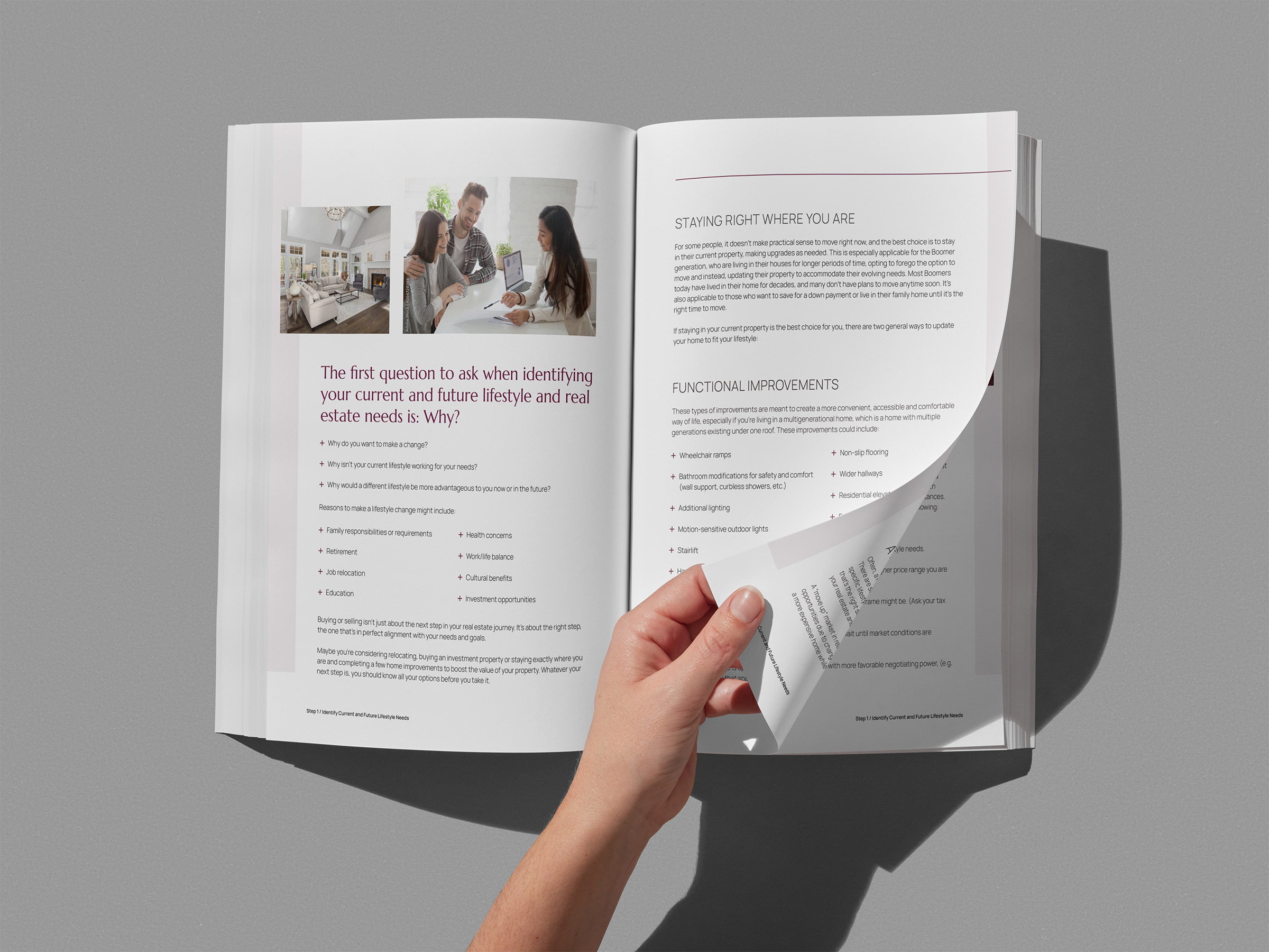 A hand turning the page of the Real Estate and Lifestyle Planning Guide booklet