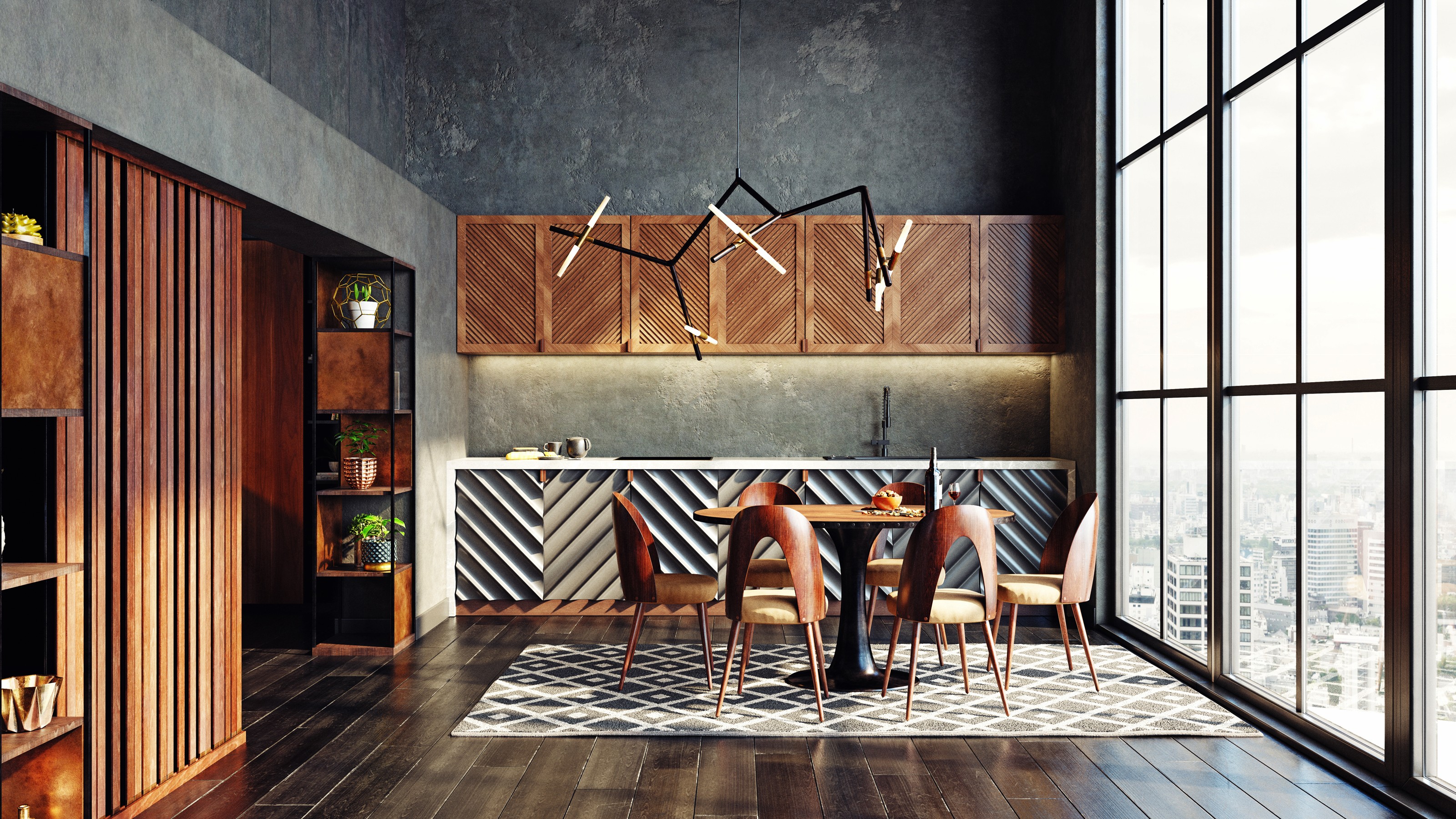 Luxury dining area with dark wood cabinetry, sculptural pendant lighting and floor-to-ceiling city-view windows